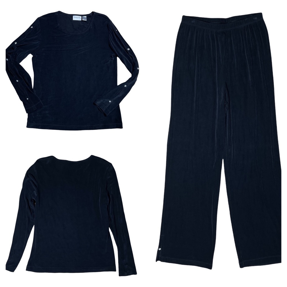 Chicos Travelers Split Sleeve Top Pant 2 Pc Set Sz 1 Black Wide Leg Pant Crystal